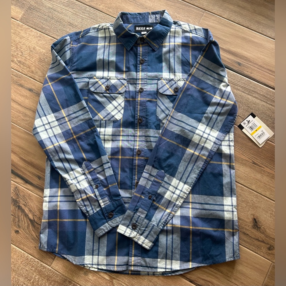 Reef Men’s Sz M Blue Plaid Two Pocket Cotton Long Sleeve Dano Work Shir…